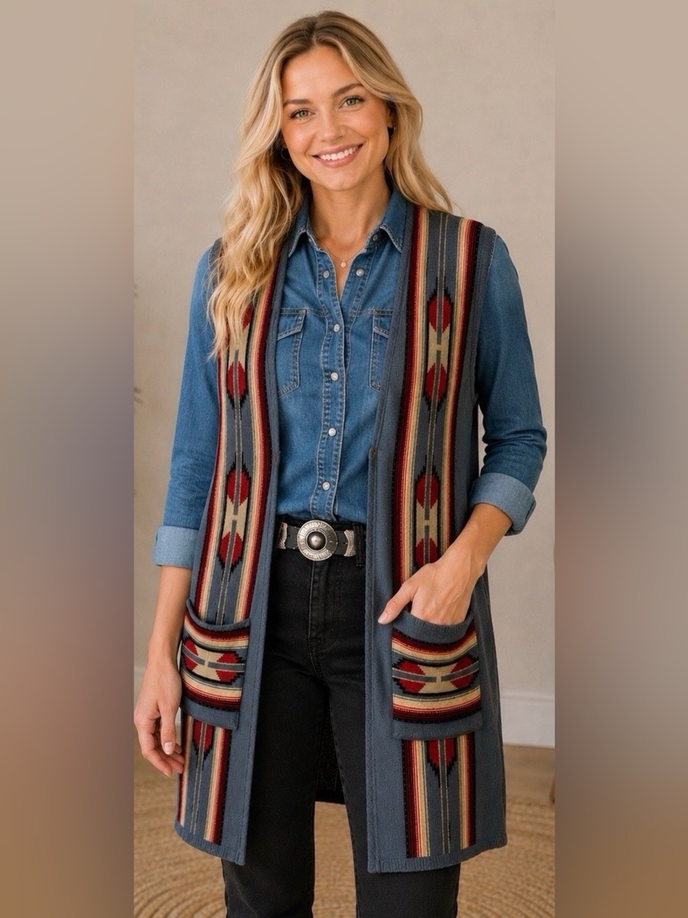 Chaps Ralph Lauren 1X Cotton Knit Long Western Design Sleeveless Cardigan